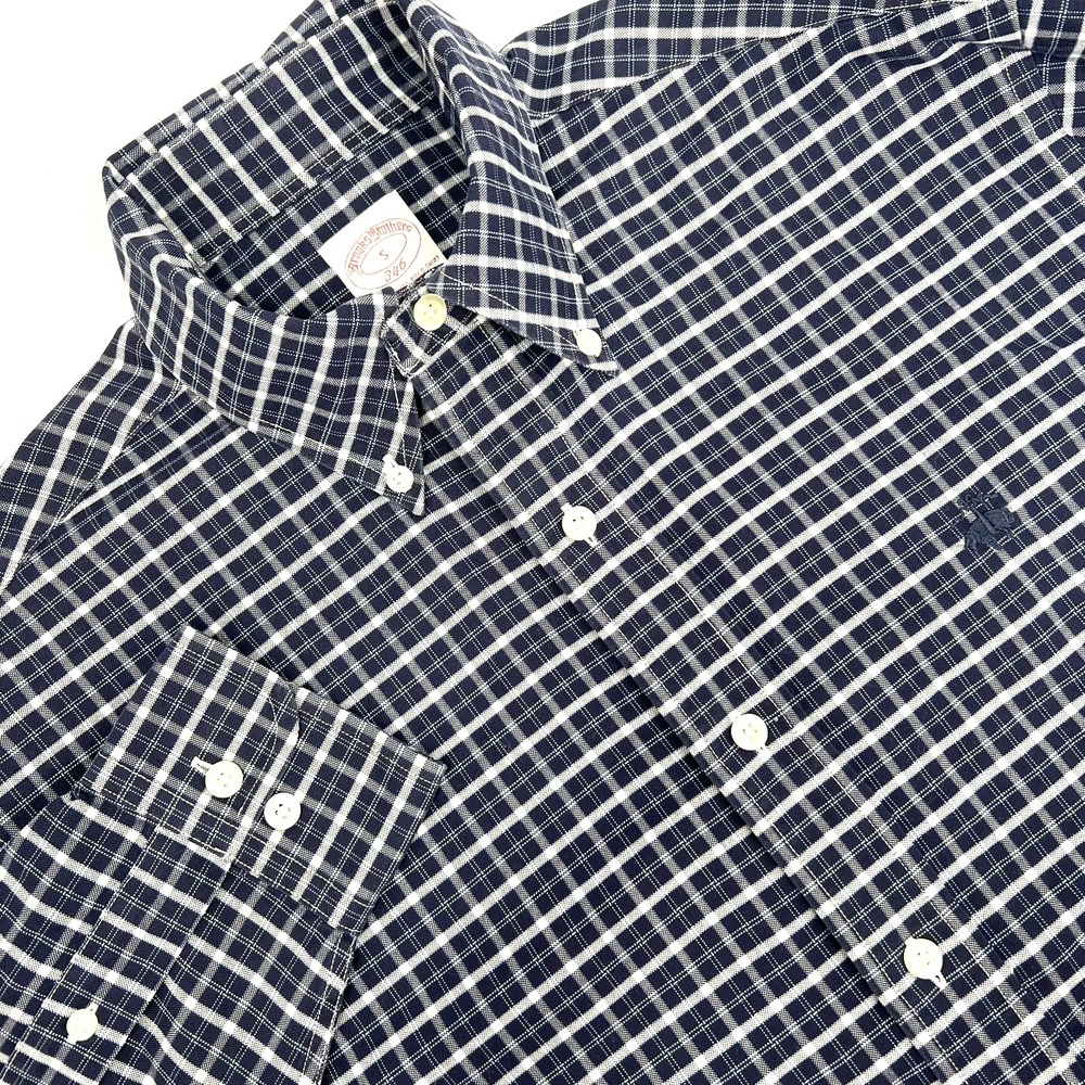BROOKS BROTHERS 346 Men's Size S Navy Plaid Long-Sleeve Supima Cotton Shirt Logo